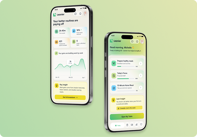 Two Leanier productivity app screens on a green background